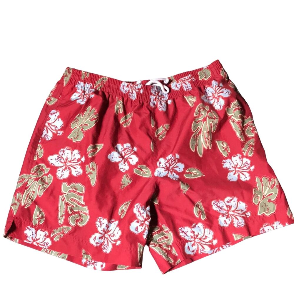 NWOT. ICU Red Tropical Swim Shorts. L